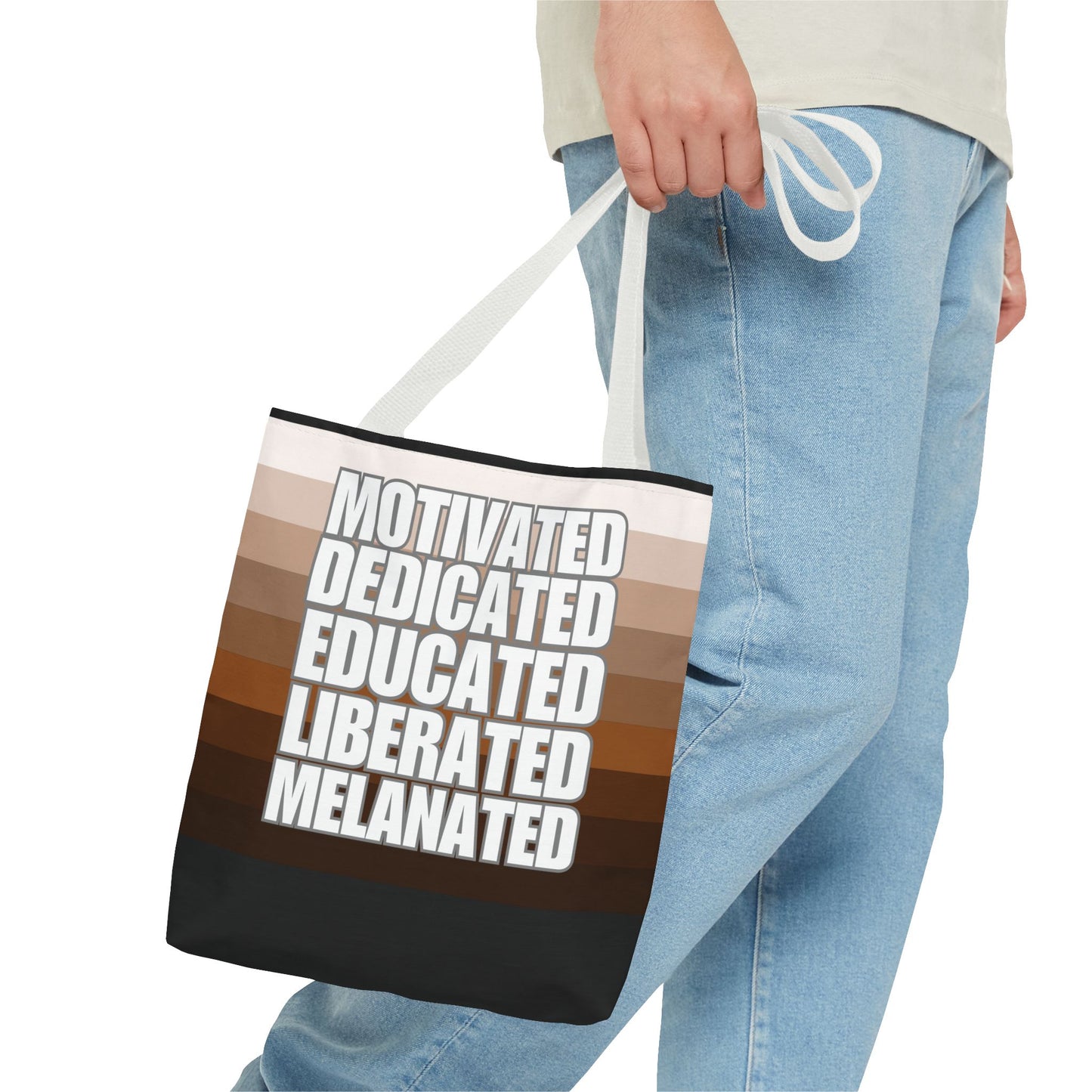 Empowering Quotes Tote Bag - Motivated, Dedicated, Educated, Liberated, Melanated