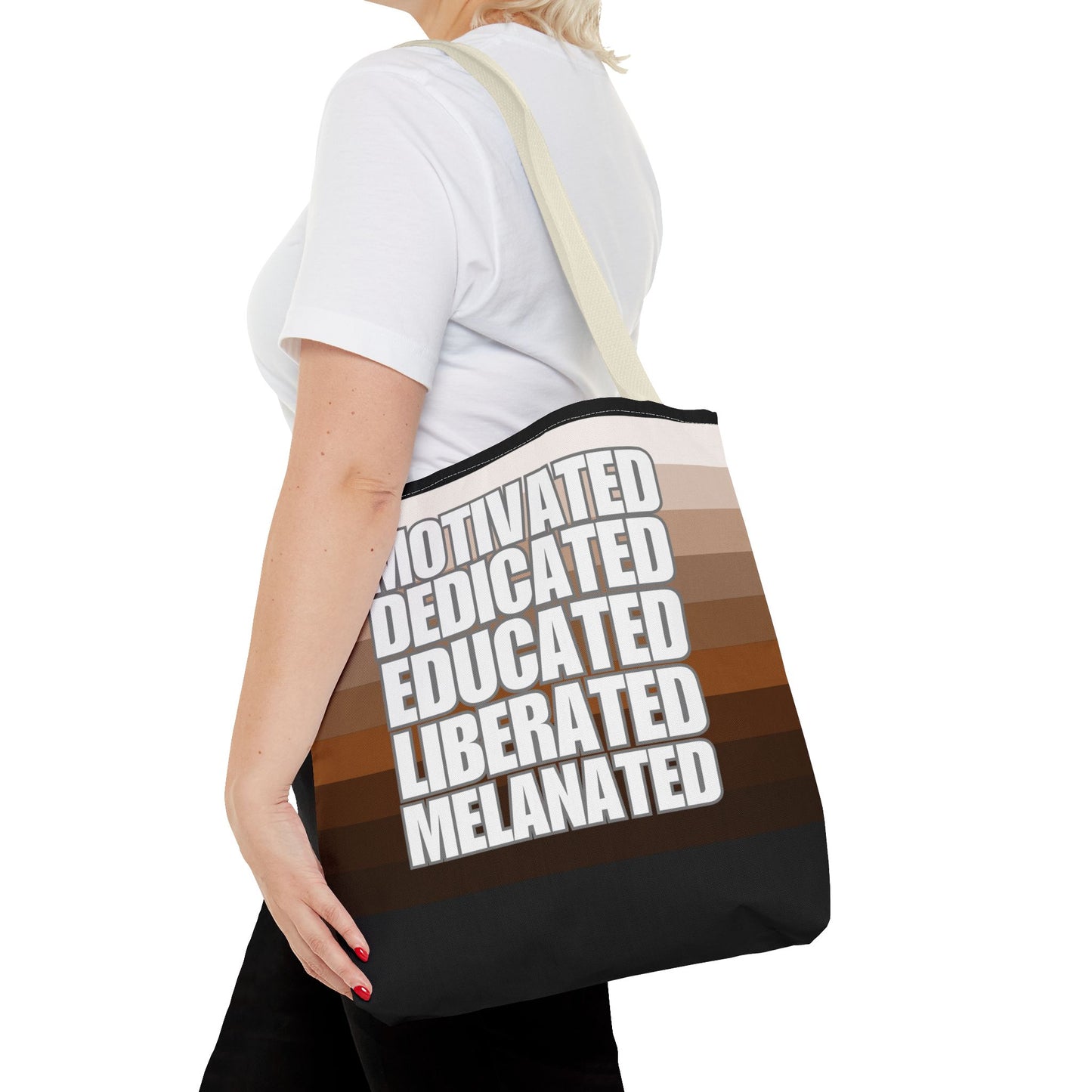 Empowering Quotes Tote Bag - Motivated, Dedicated, Educated, Liberated, Melanated