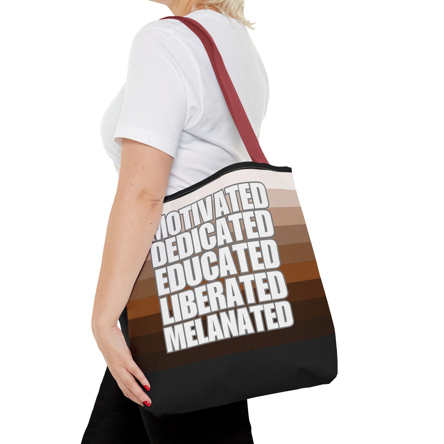 Empowering Quotes Tote Bag - Motivated, Dedicated, Educated, Liberated, Melanated