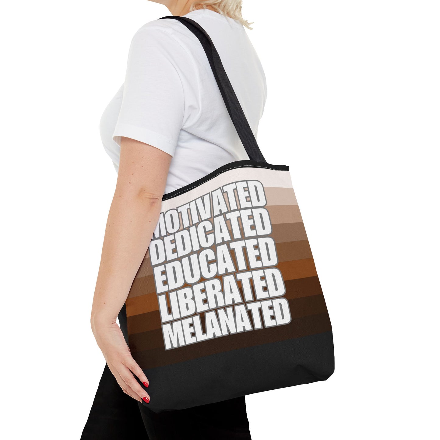 Empowering Quotes Tote Bag - Motivated, Dedicated, Educated, Liberated, Melanated