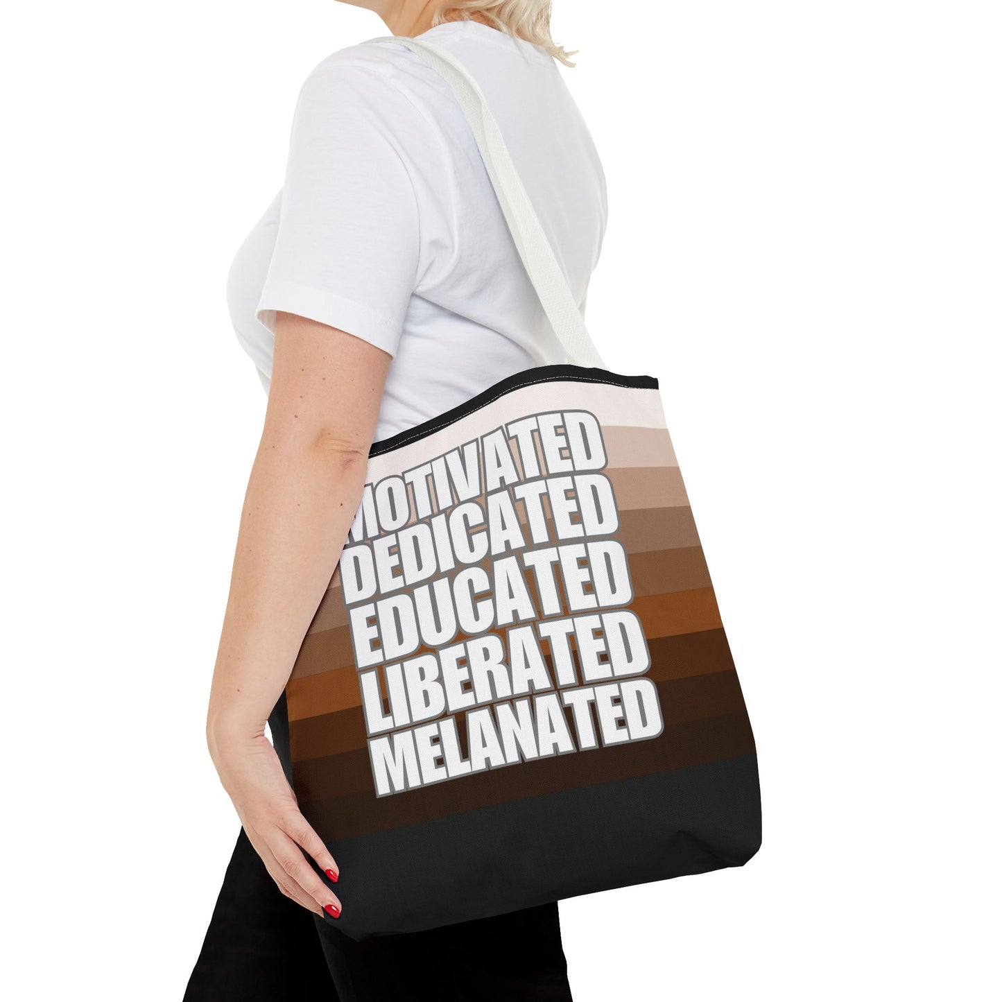 Empowering Quotes Tote Bag - Motivated, Dedicated, Educated, Liberated, Melanated